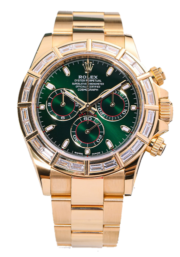 professional rolex daytona 40mm 18k yellow gold green dial baguette bezel men's watch