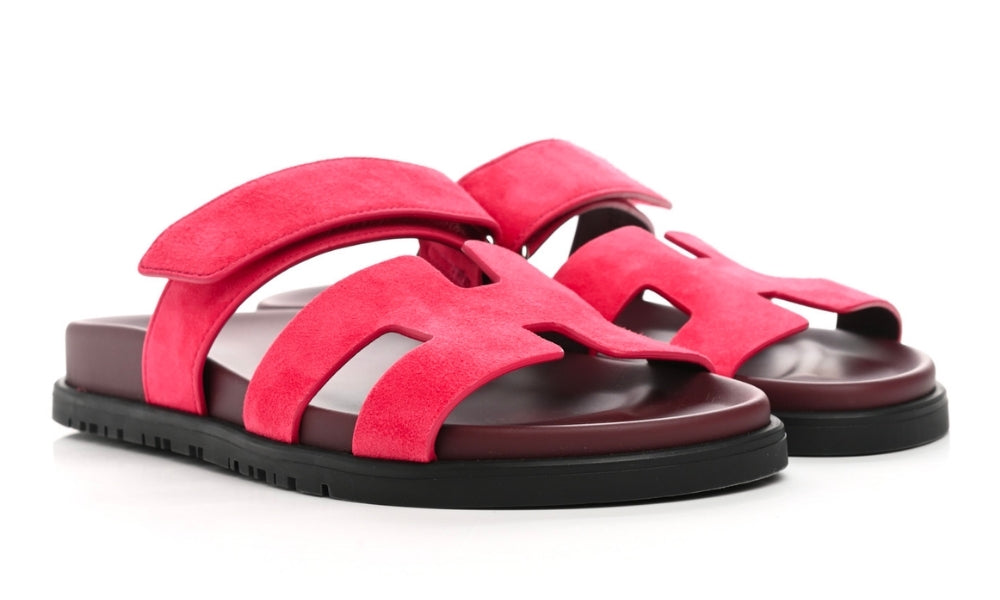 HERMES Suede Goatskin Womens Chypre Sandals Rouge Marsala