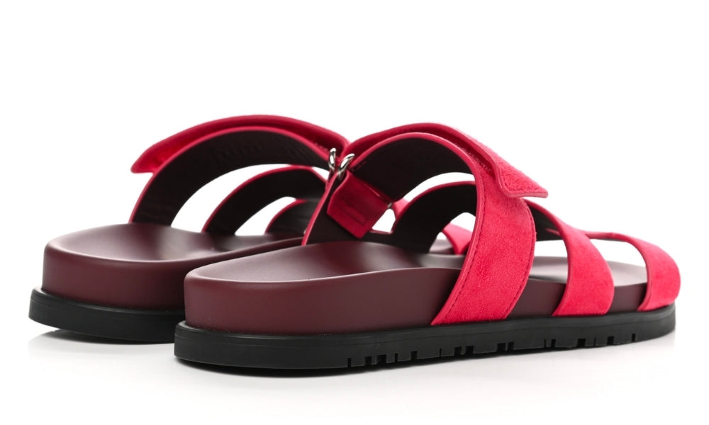 HERMES Suede Goatskin Womens Chypre Sandals Rouge Marsala