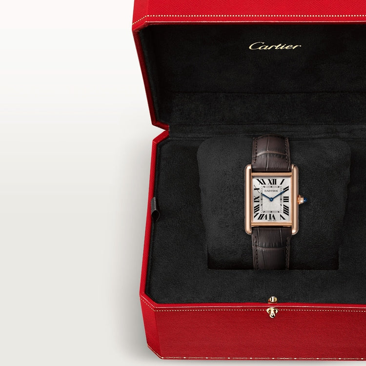 TANK LOUIS CARTIER WATCH Large model, hand-wound mechanical movement, rose gold, leather