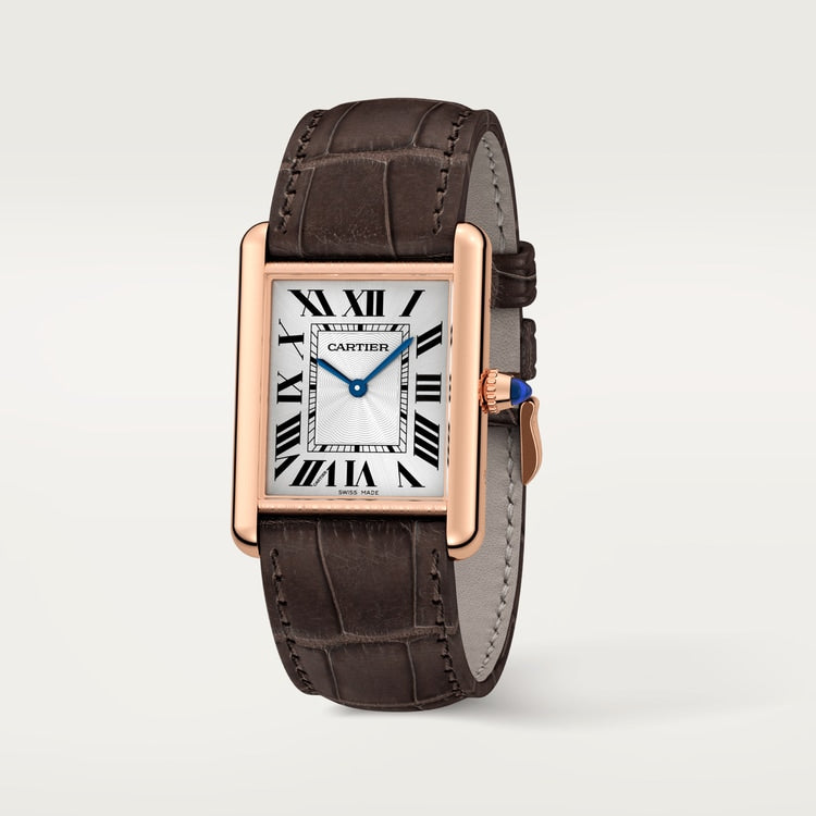 TANK LOUIS CARTIER WATCH Large model, hand-wound mechanical movement, rose gold, leather