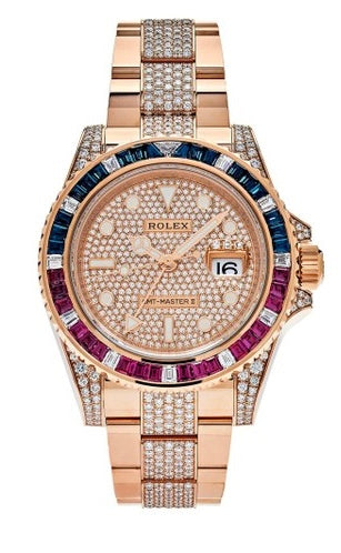 professional rolex gmt master ii pave diamond dial 40mm 18kt rose gold men's watch