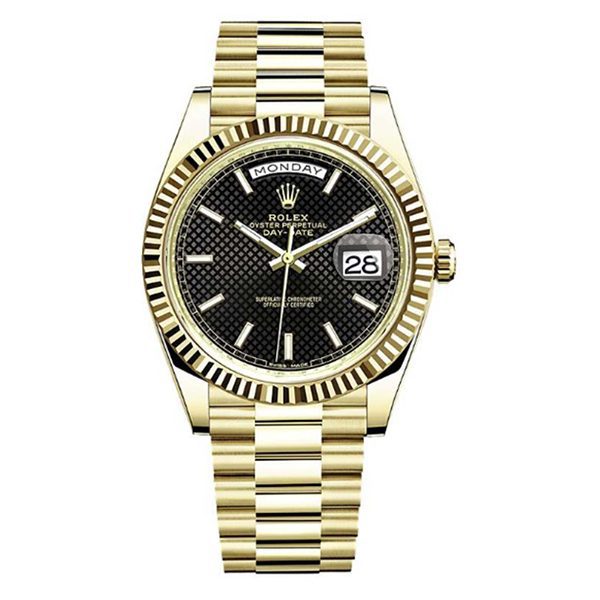 Rolex Day-Date 40mm 18kt Yellow Gold Black Diagonal Motif Watch