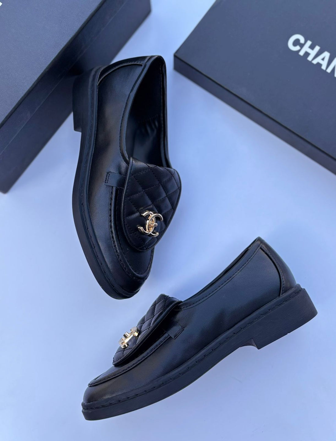 CHANEL Black Lambskin Quilted CC Turnlock Loafers