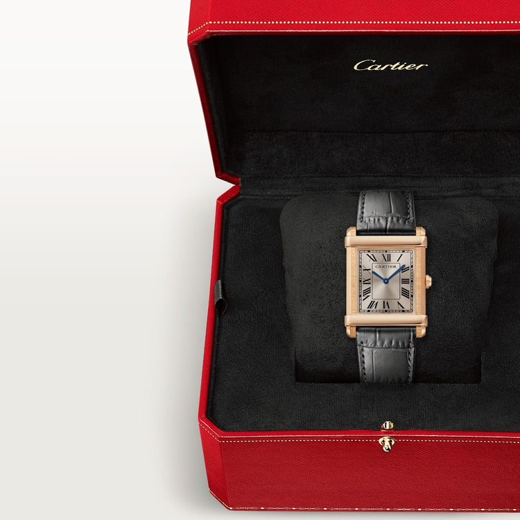 TANK CHINOISE WATCH Large model, hand-wound mechanical movement, rose gold, leather