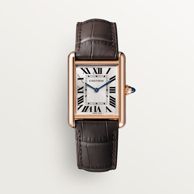 TANK LOUIS CARTIER WATCH Large model, hand-wound mechanical movement, rose gold, leather