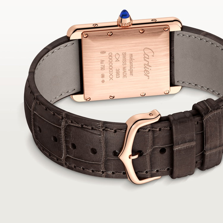 TANK LOUIS CARTIER WATCH Large model, hand-wound mechanical movement, rose gold, leather