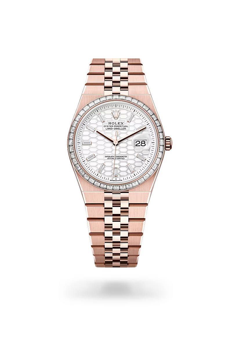 Rolex Land-Dweller 36mm Everose Gold Tone Diamond Bezel Watch