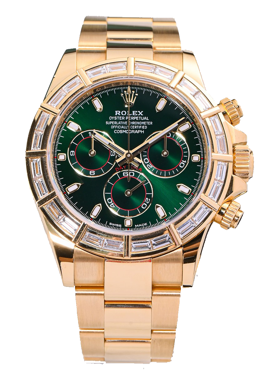 professional rolex daytona 40mm 18k yellow gold green dial baguette bezel men's watch