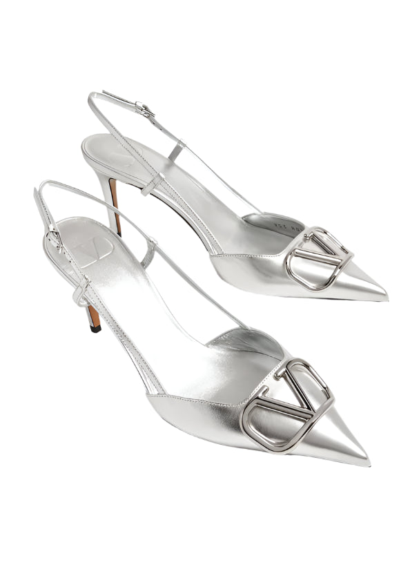 VLogo 80 metallic leather slingback pumps in silver - Valentino Garavan